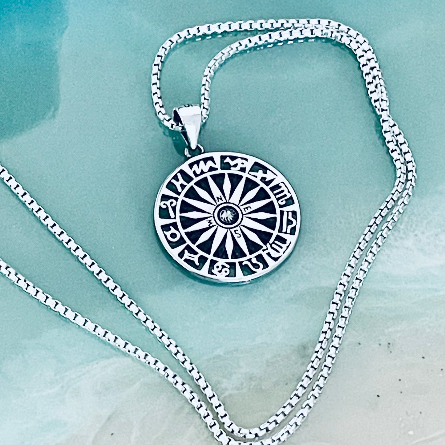 Sterling Silver Unisex Zodiac Wheel and Compass Necklace, Silver Necklaces, Birthday Signs Chain