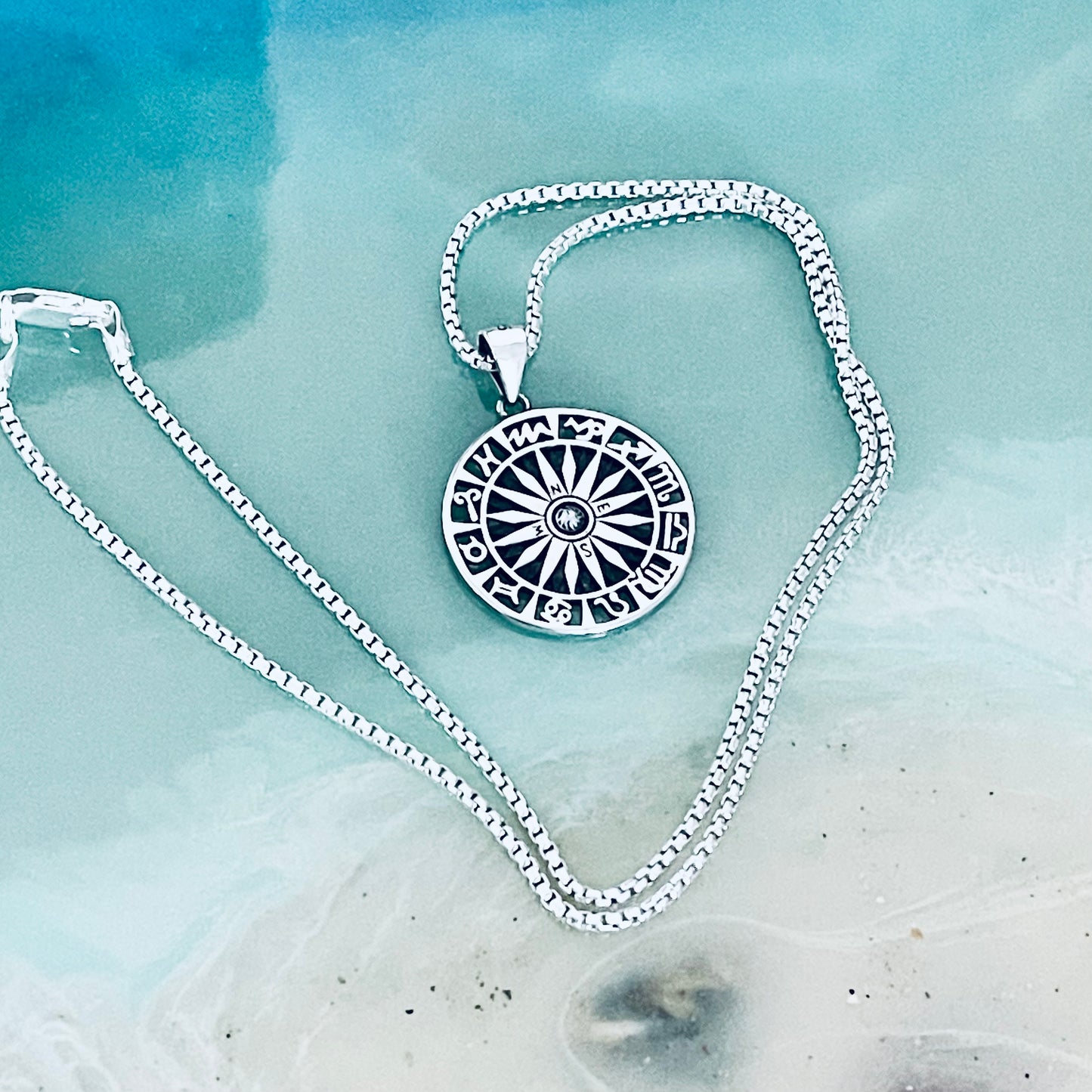 Sterling Silver Unisex Zodiac Wheel and Compass Necklace, Silver Necklaces, Birthday Signs Chain