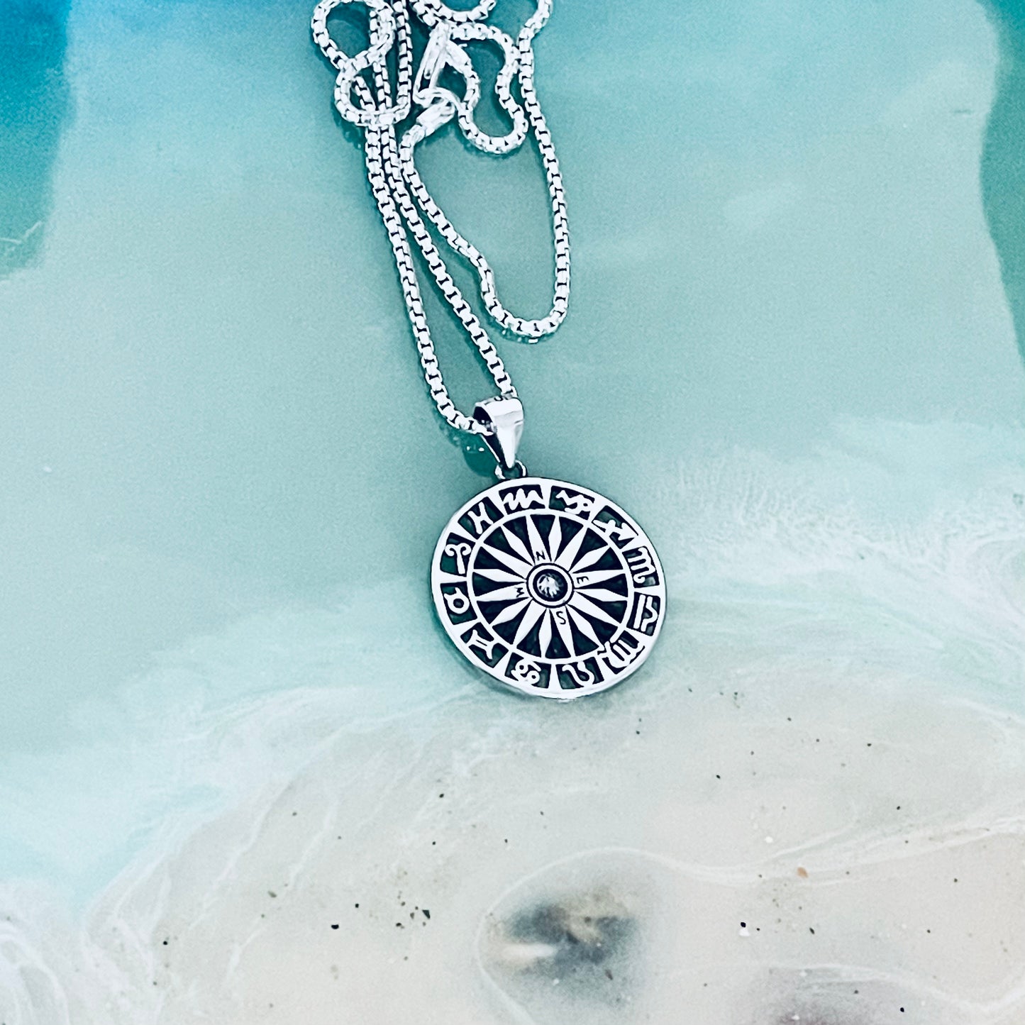 Sterling Silver Unisex Zodiac Wheel and Compass Necklace, Silver Necklaces, Birthday Signs Chain