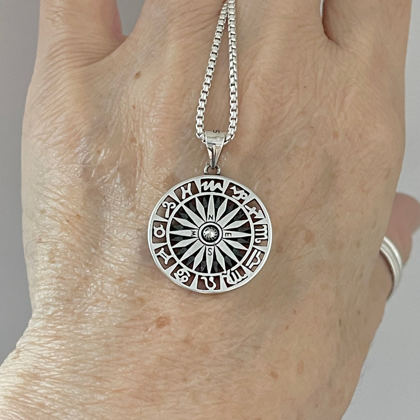 Sterling Silver Unisex Zodiac Wheel and Compass Necklace, Silver Necklaces, Birthday Signs Chain