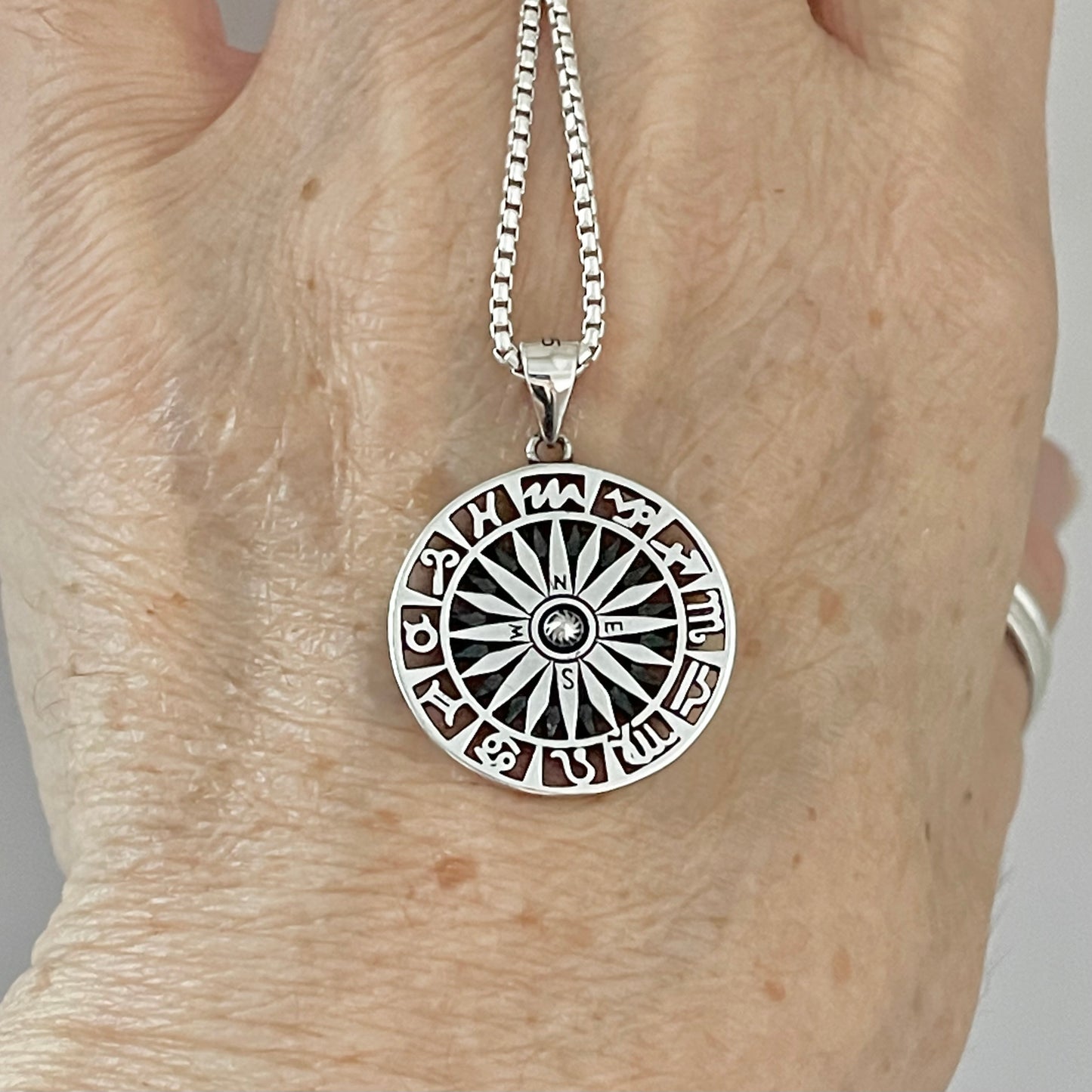 Sterling Silver Unisex Zodiac Wheel and Compass Necklace, Silver Necklaces, Birthday Signs Chain