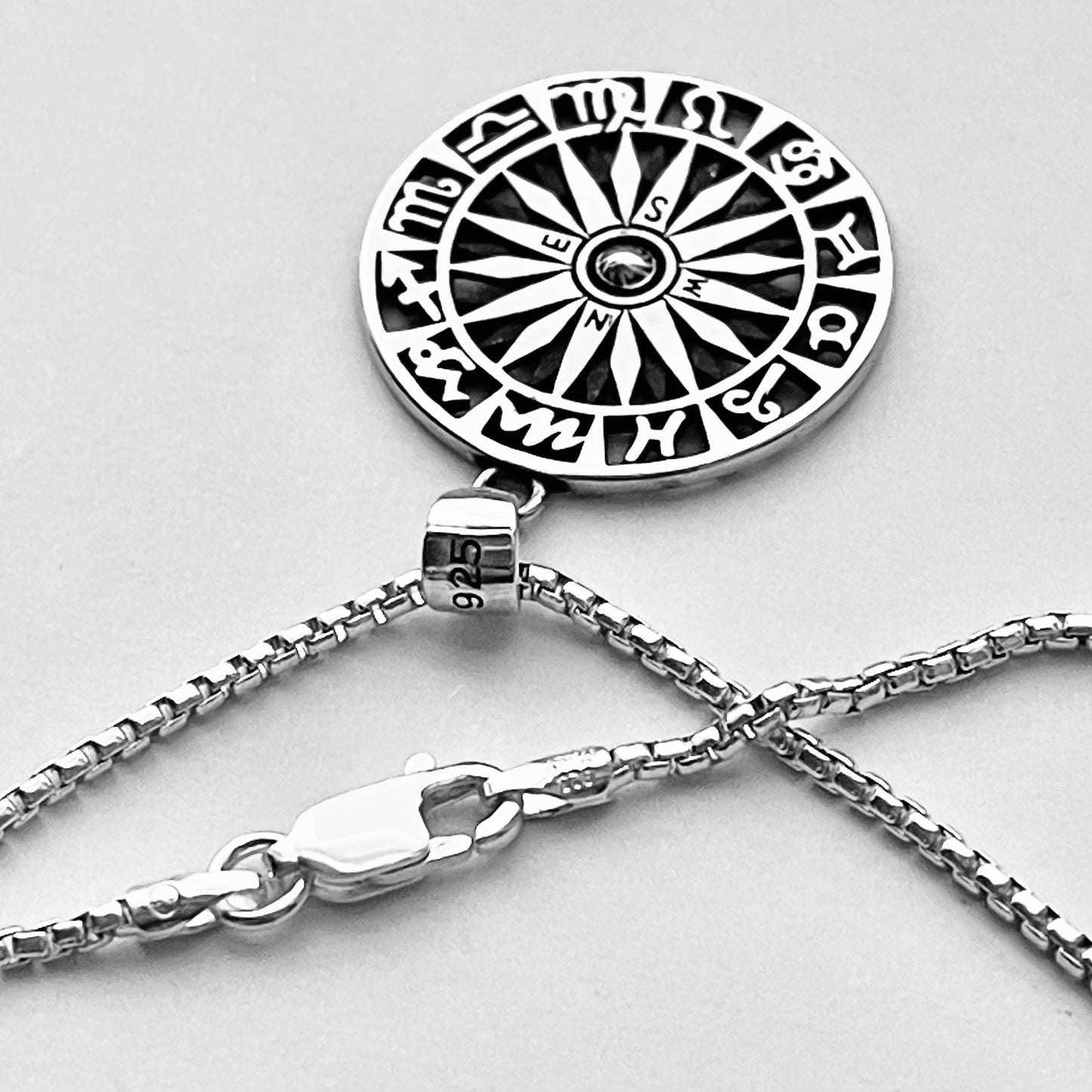 Sterling Silver Unisex Zodiac Wheel and Compass Necklace, Silver Necklaces, Birthday Signs Chain