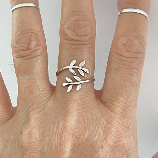 Sterling Silver Delicate Wraparound Olive Leaf Ring, Tree of Life Silver Rings