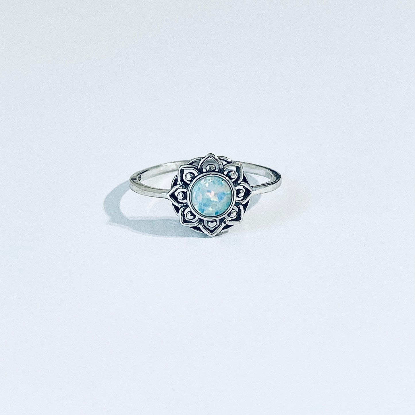 Sterling Silver Mandala White Lab Opal Ring – Dainty Flower October Birthstone Silver Rings