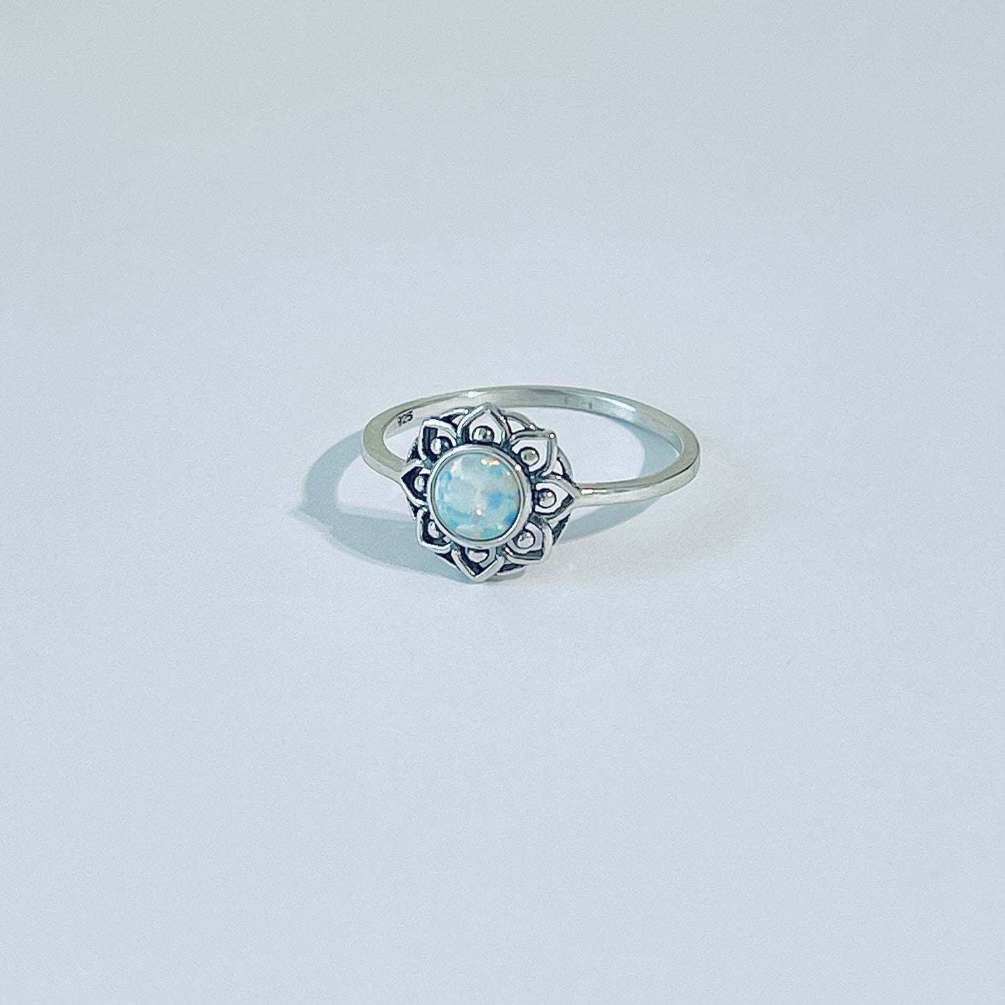 Sterling Silver Mandala White Lab Opal Ring – Dainty Flower October Birthstone Silver Rings