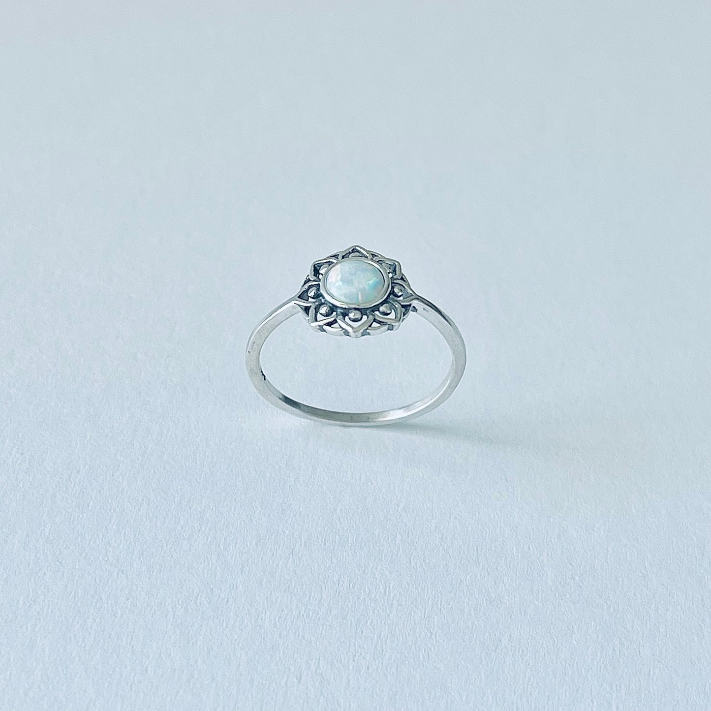 Sterling Silver Mandala White Lab Opal Ring – Dainty Flower October Birthstone Silver Rings