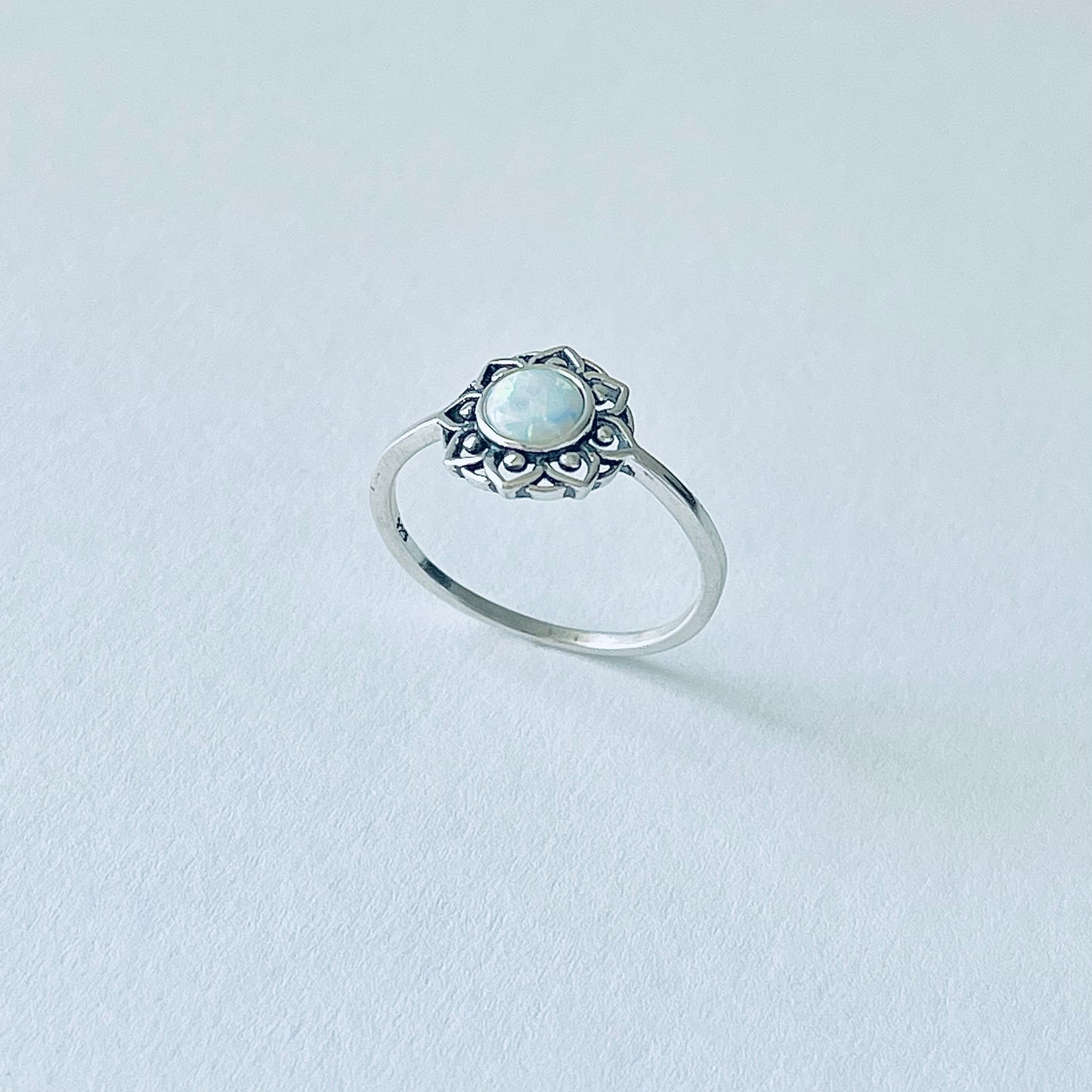 Sterling Silver Mandala White Lab Opal Ring – Dainty Flower October Birthstone Silver Rings