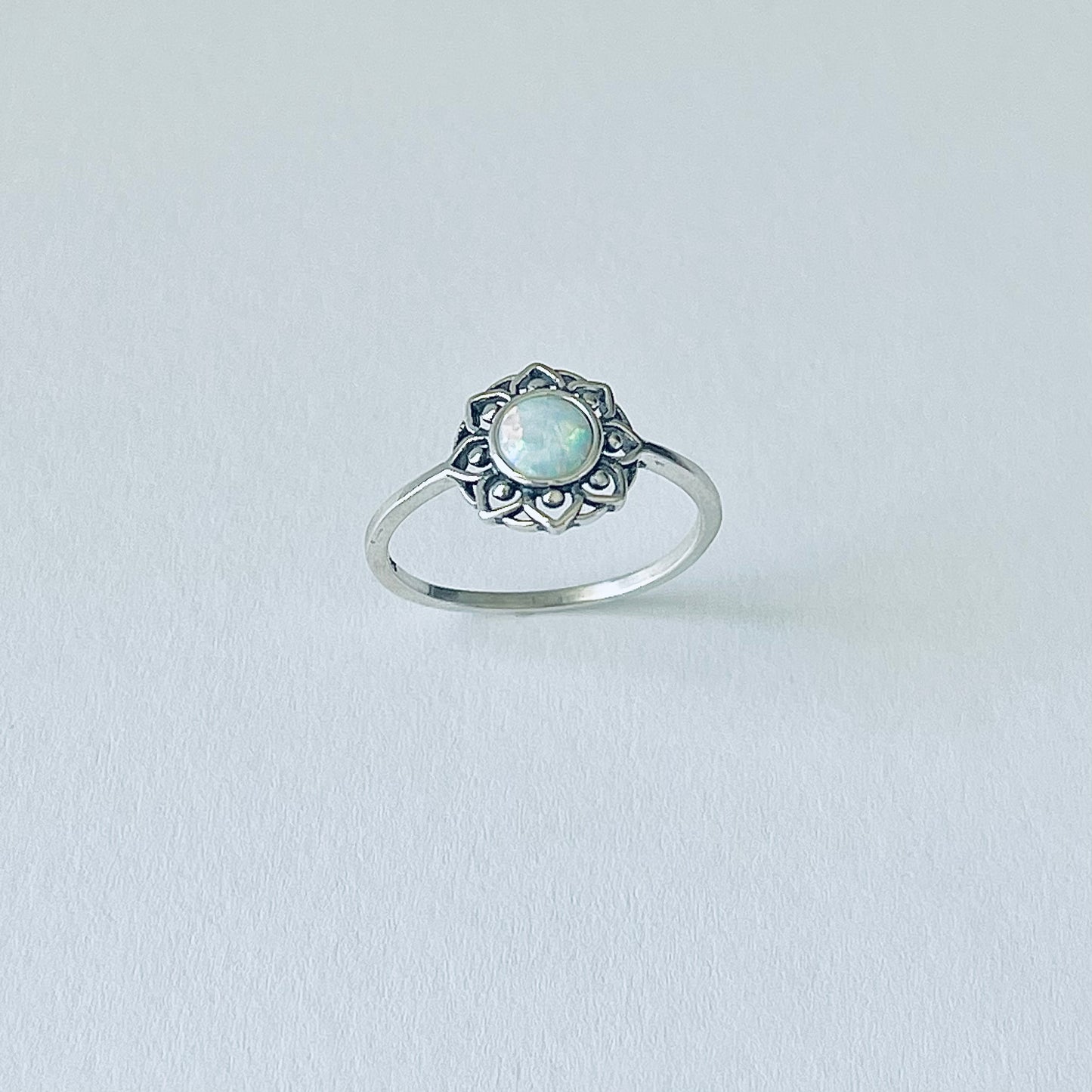Sterling Silver Mandala White Lab Opal Ring – Dainty Flower October Birthstone Silver Rings