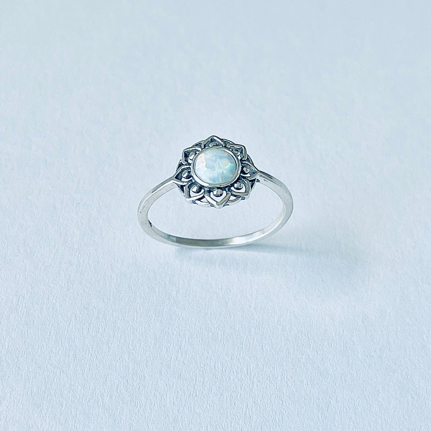 Sterling Silver Mandala White Lab Opal Ring – Dainty Flower October Birthstone Silver Rings