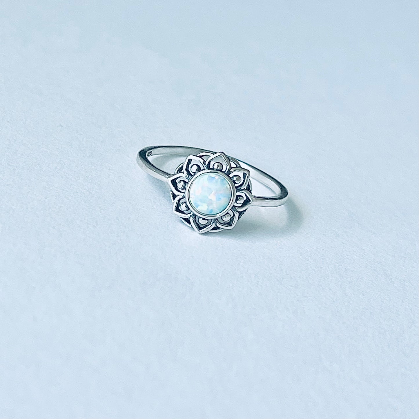 Sterling Silver Mandala White Lab Opal Ring – Dainty Flower October Birthstone Silver Rings