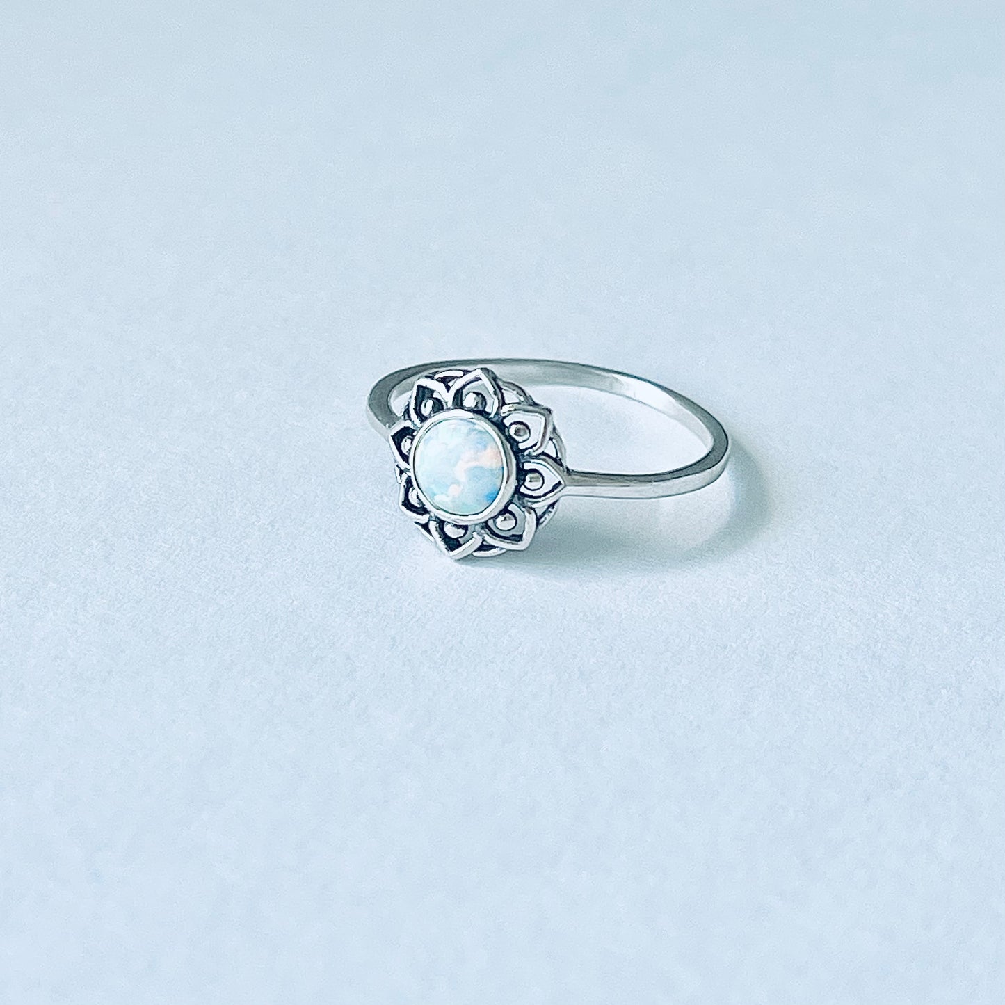 Sterling Silver Mandala White Lab Opal Ring – Dainty Flower October Birthstone Silver Rings