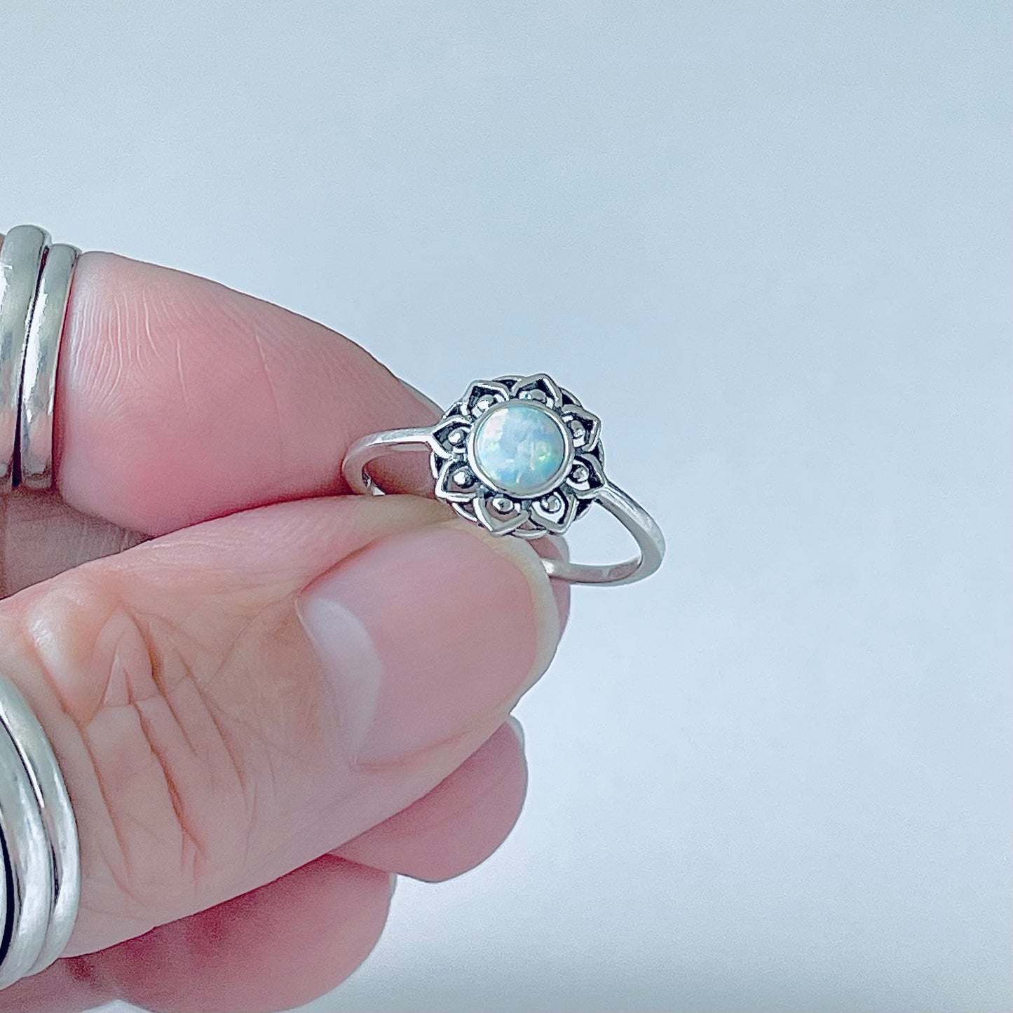 Sterling Silver Mandala White Lab Opal Ring – Dainty Flower October Birthstone Silver Rings