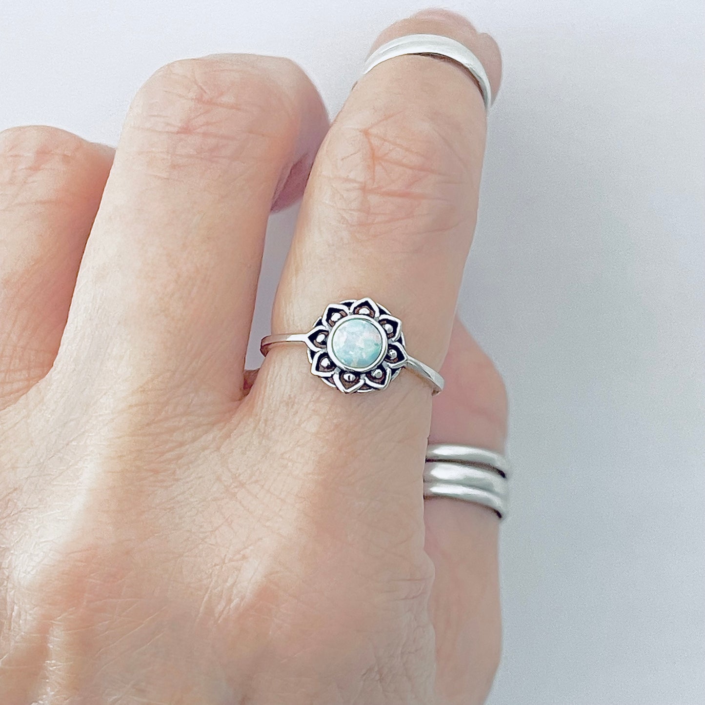 Sterling Silver Mandala White Lab Opal Ring – Dainty Flower October Birthstone Silver Rings