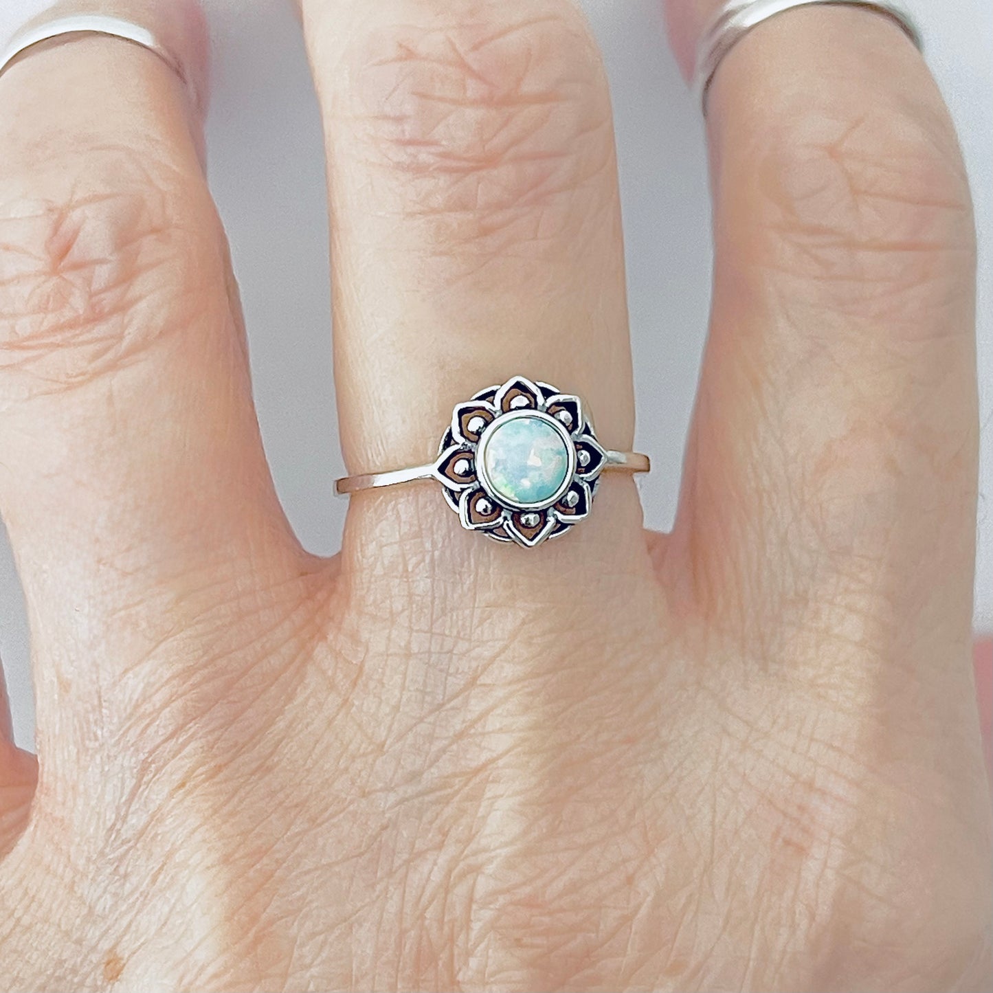 Sterling Silver Mandala White Lab Opal Ring – Dainty Flower October Birthstone Silver Rings