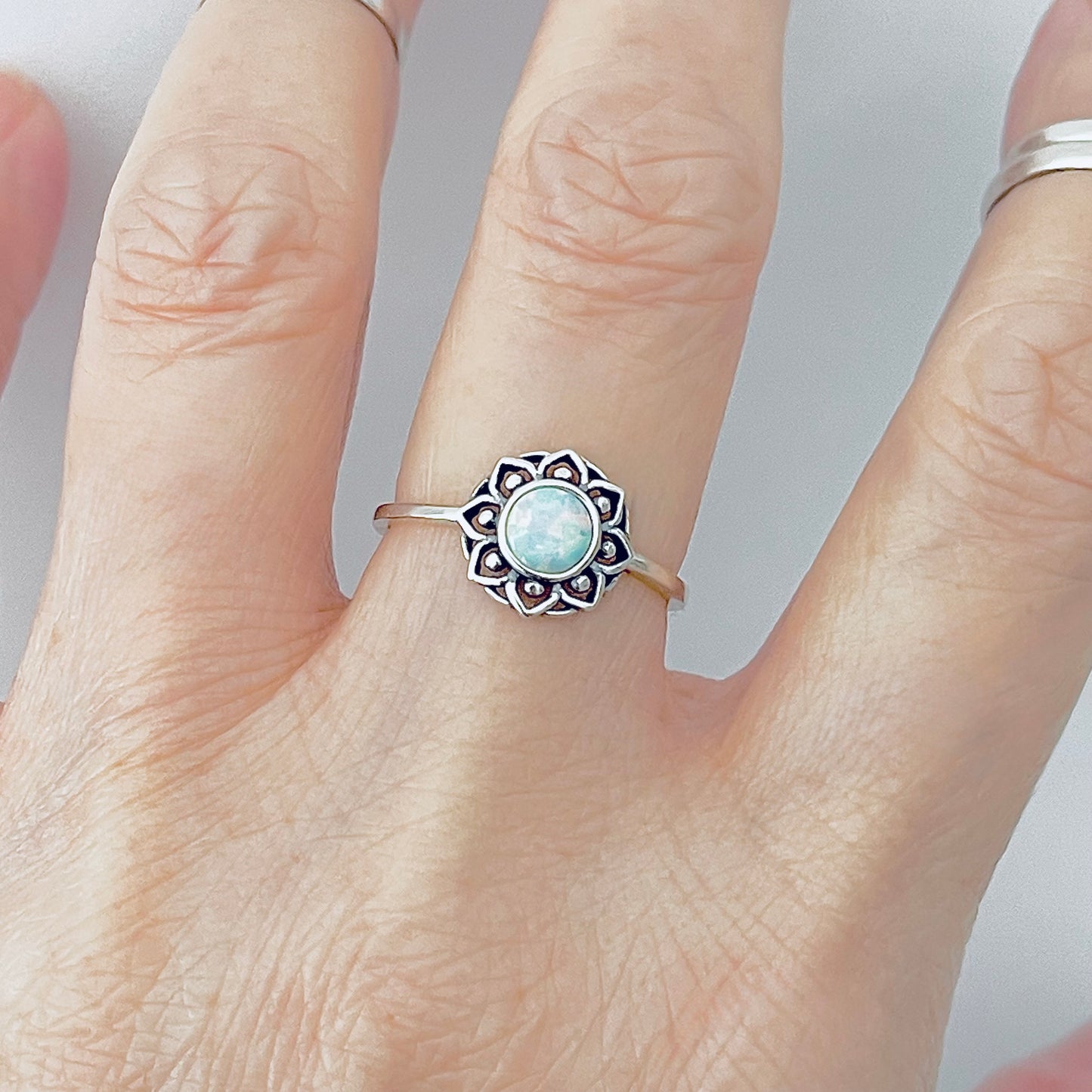 Sterling Silver Mandala White Lab Opal Ring – Dainty Flower October Birthstone Silver Rings