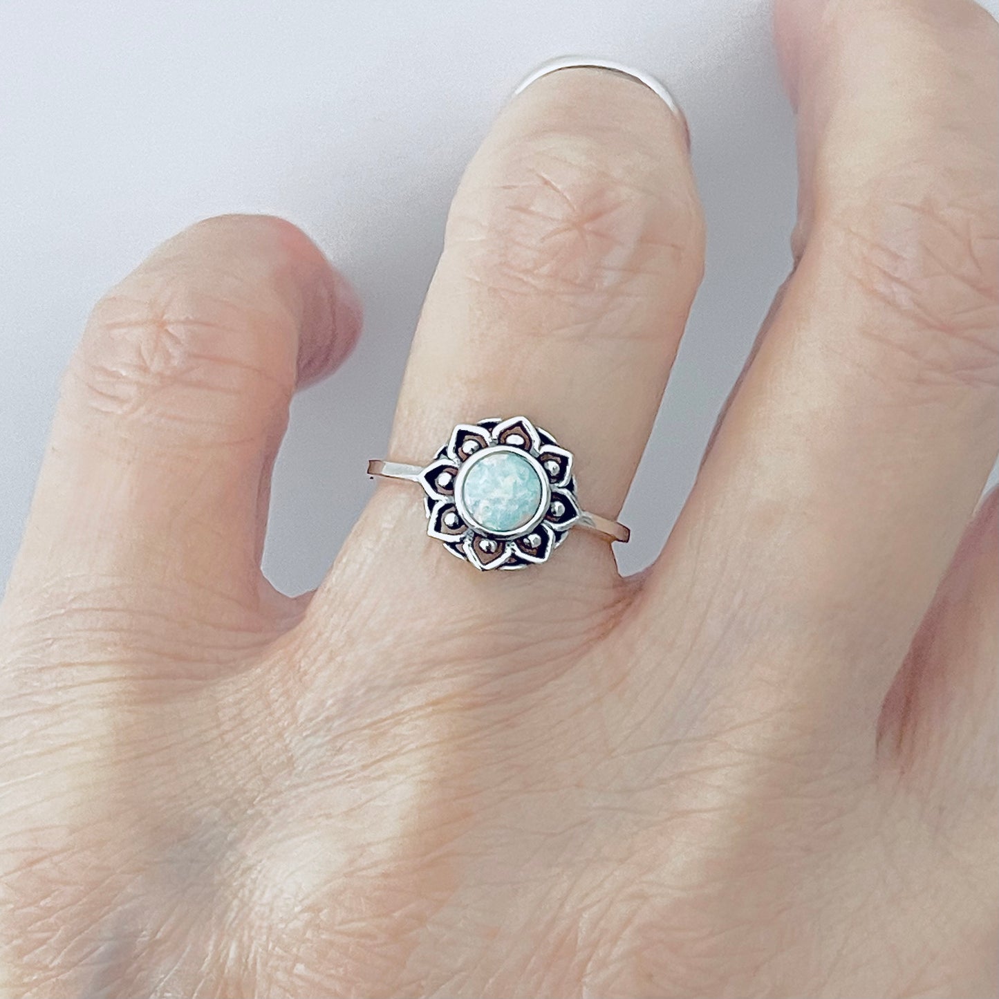 Sterling Silver Mandala White Lab Opal Ring – Dainty Flower October Birthstone Silver Rings