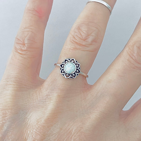 Sterling Silver Mandala White Lab Opal Ring – Dainty Flower October Birthstone Silver Rings