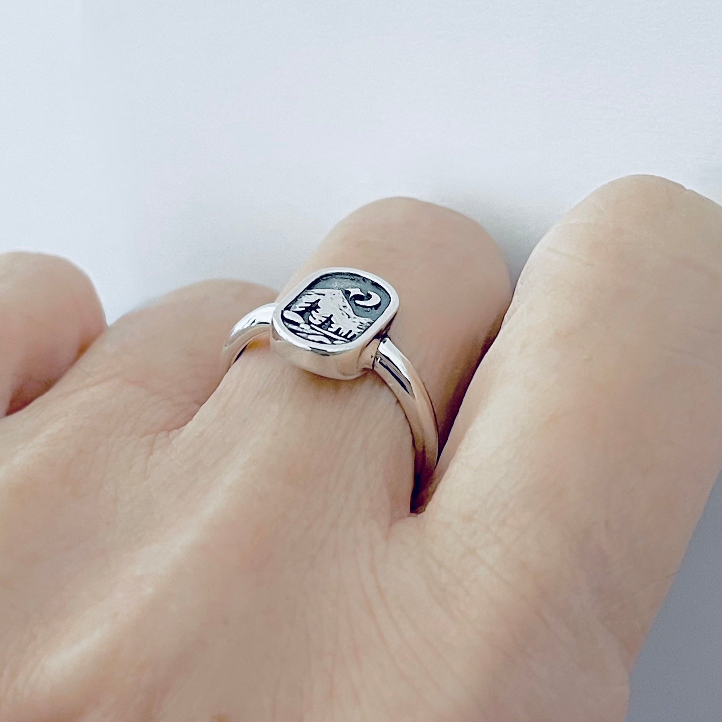 Sterling Silver Celestial and Forest Ring, Nature Scenic Mountain Silver Rings