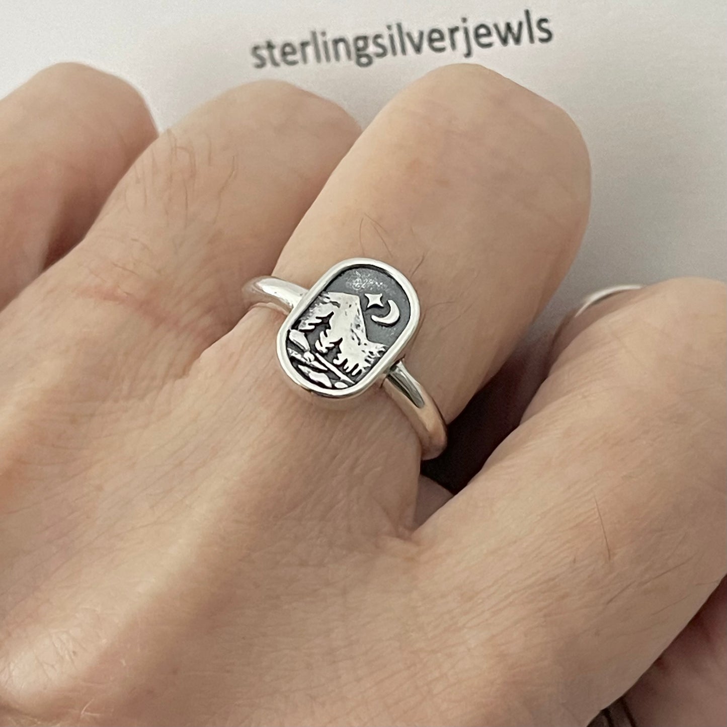 Sterling Silver Forest Ring, Nature Silver Ring, Scenic Mountain Ring