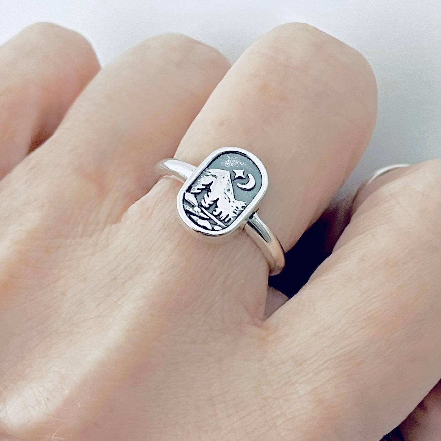 Sterling Silver Celestial and Forest Ring, Nature Scenic Mountain Silver Rings