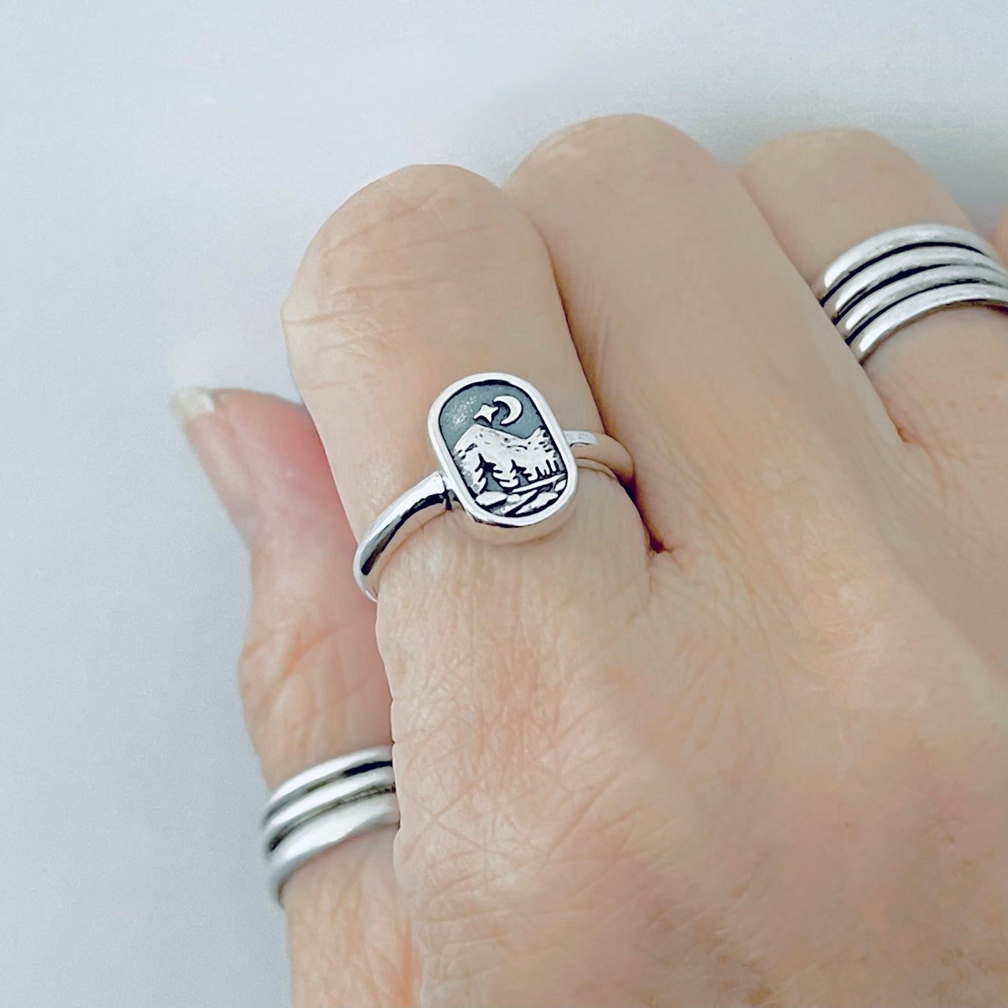 Sterling Silver Celestial and Forest Ring, Nature Scenic Mountain Silver Rings