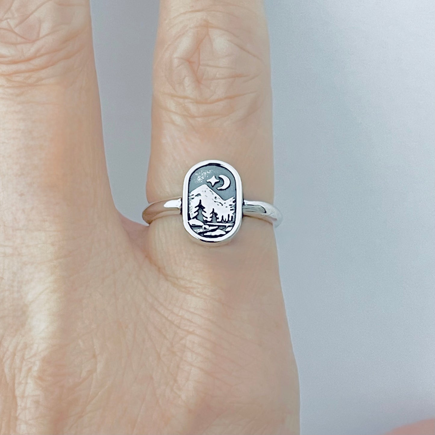 Sterling Silver Celestial and Forest Ring, Nature Scenic Mountain Silver Rings