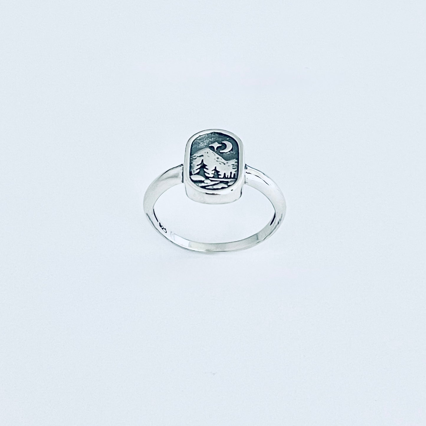 Sterling Silver Celestial and Forest Ring, Nature Scenic Mountain Silver Rings