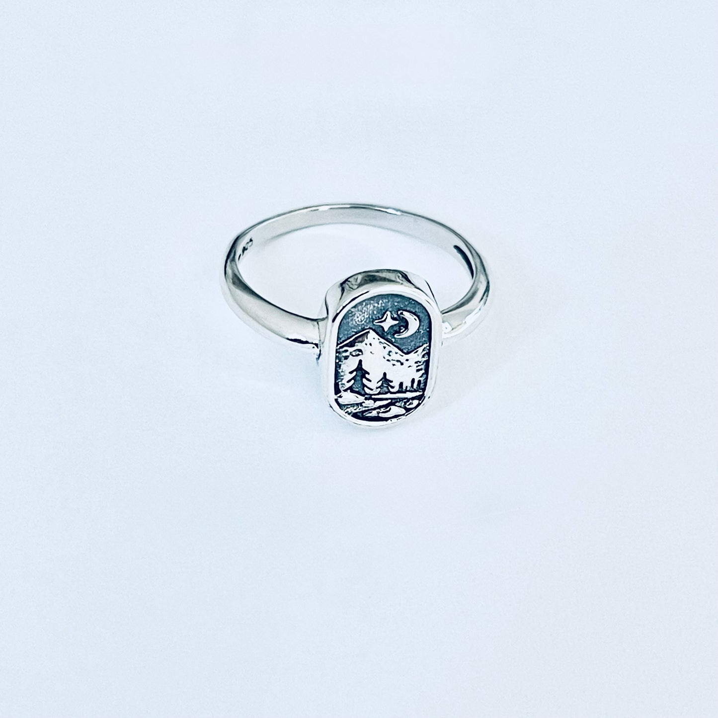 Sterling Silver Celestial and Forest Ring, Nature Scenic Mountain Silver Rings