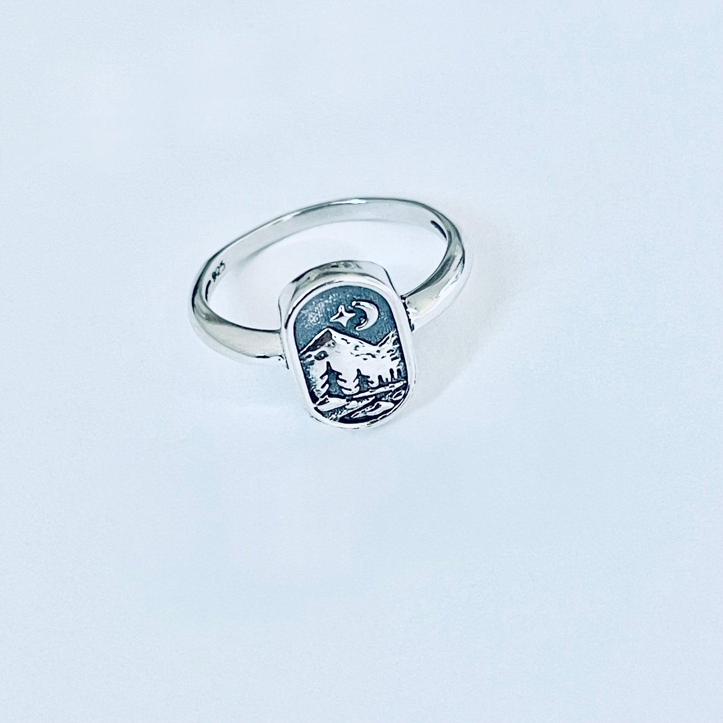 Sterling Silver Celestial and Forest Ring, Nature Scenic Mountain Silver Rings