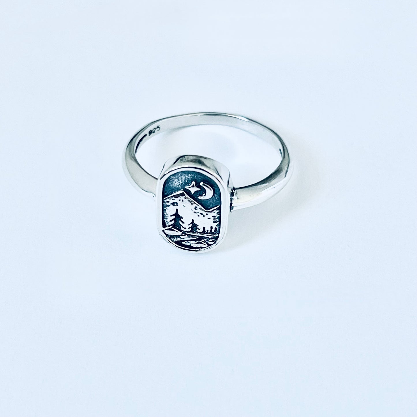 Sterling Silver Celestial and Forest Ring, Nature Scenic Mountain Silver Rings