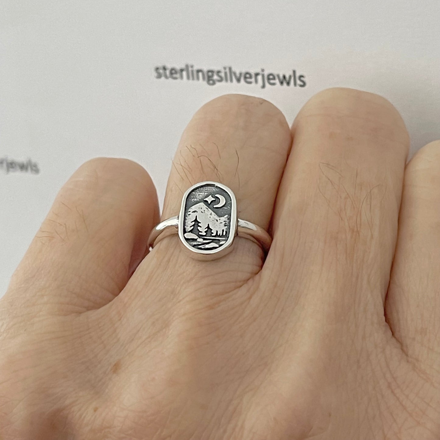 Sterling Silver Forest Ring, Nature Silver Ring, Scenic Mountain Ring