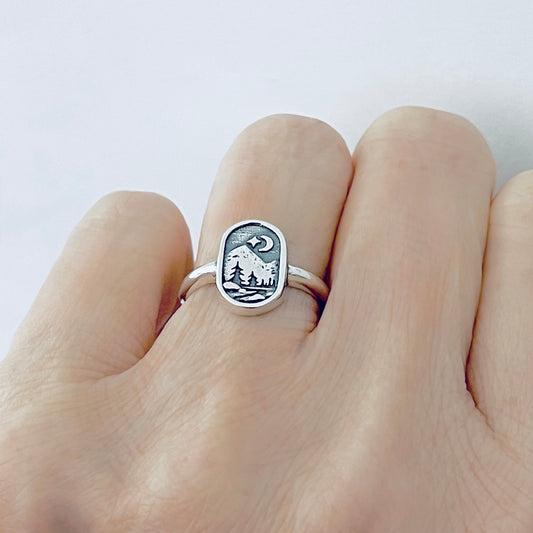Sterling Silver Celestial and Forest Ring, Nature Scenic Mountain Silver Rings