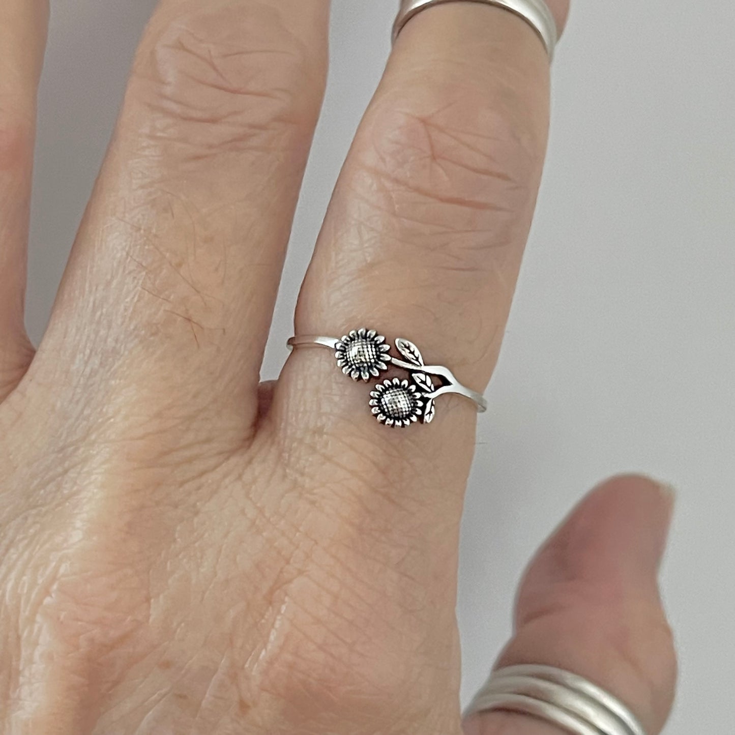 Sterling Silver Delicate Two Small Sunflower Ring with Leaves, Flower Silver Rings