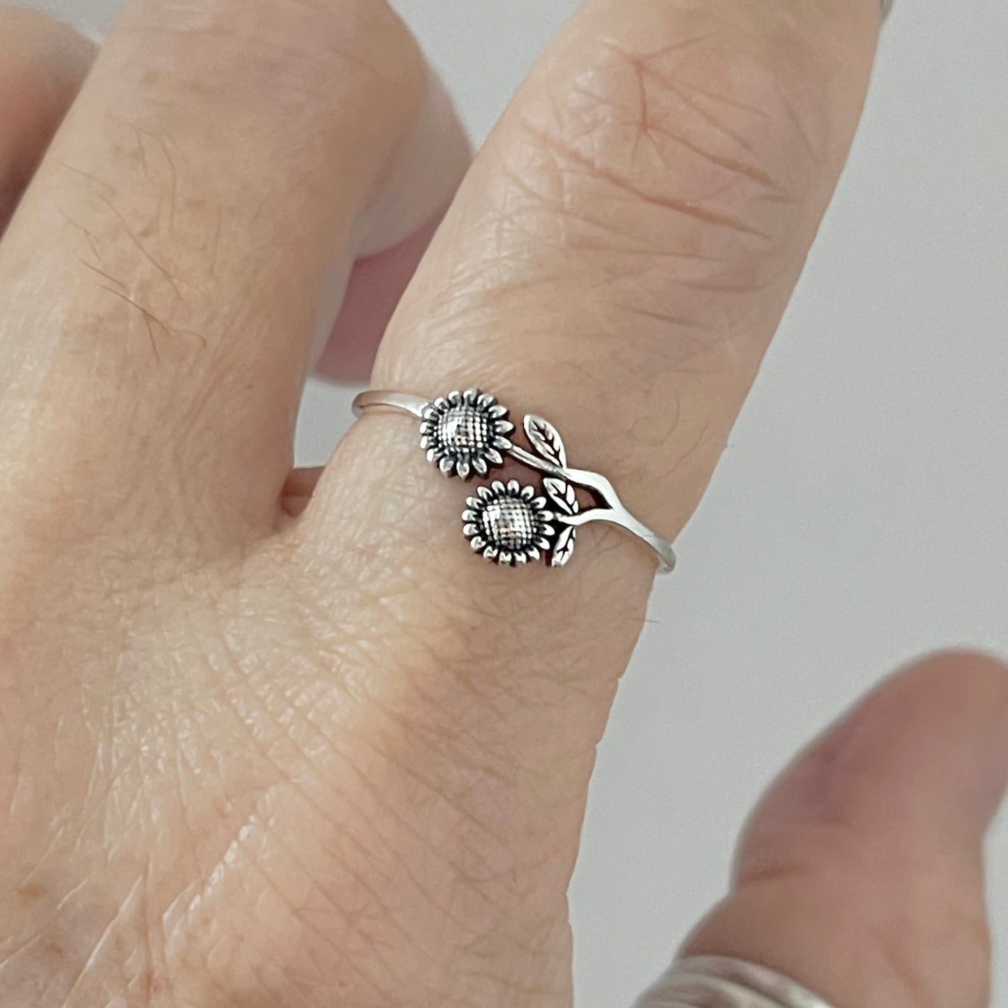 Sterling Silver Delicate Two Small Sunflower Ring with Leaves, Flower Silver Rings