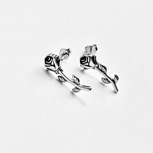 925 Sterling Silver Rose Stem Stud Earring | Love Roses Flower Silver Earrings