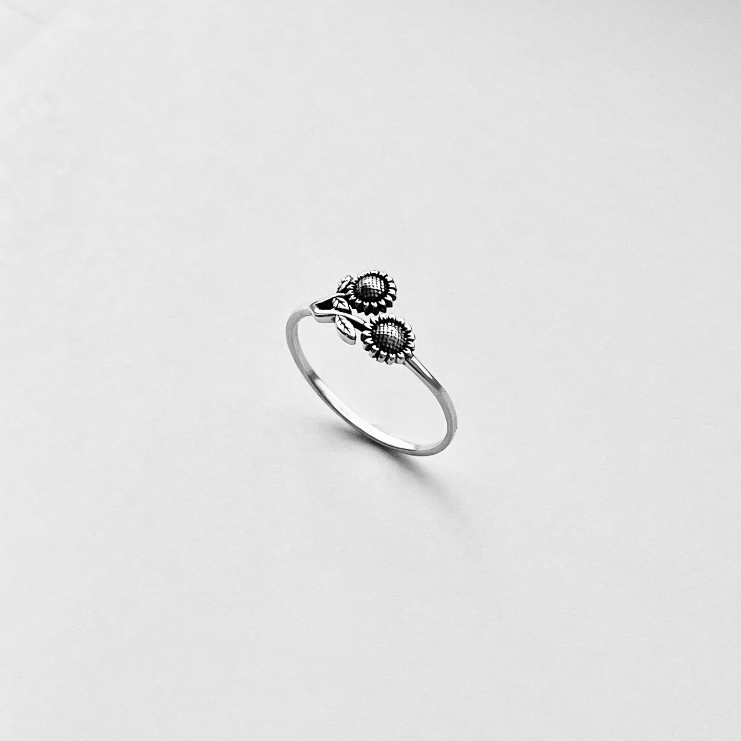 Sterling Silver Delicate Two Small Sunflower Ring with Leaves, Flower Silver Rings