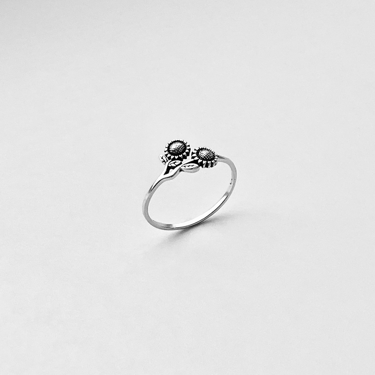 Sterling Silver Delicate Two Small Sunflower Ring with Leaves, Flower Silver Rings