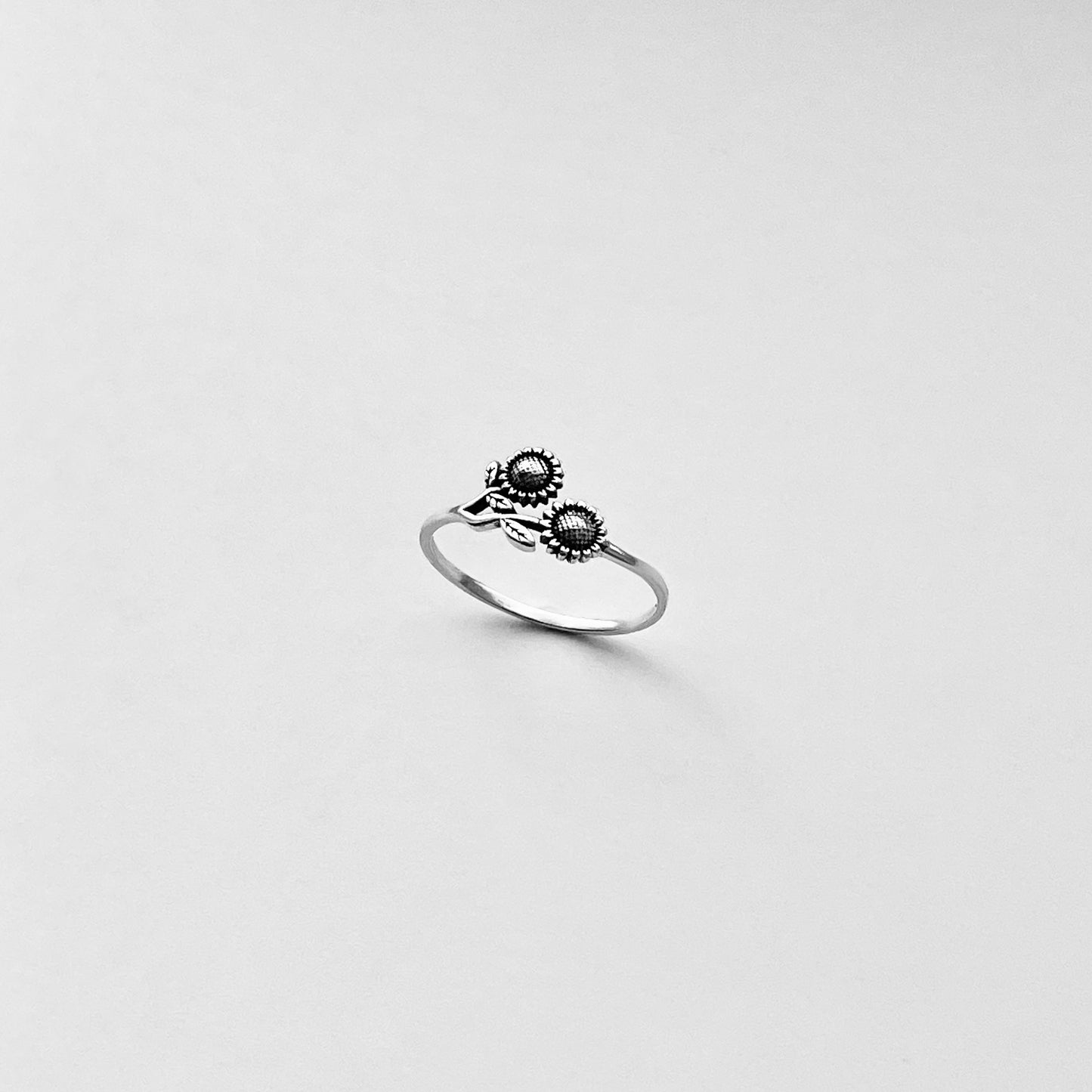 Sterling Silver Delicate Two Small Sunflower Ring with Leaves, Flower Silver Rings