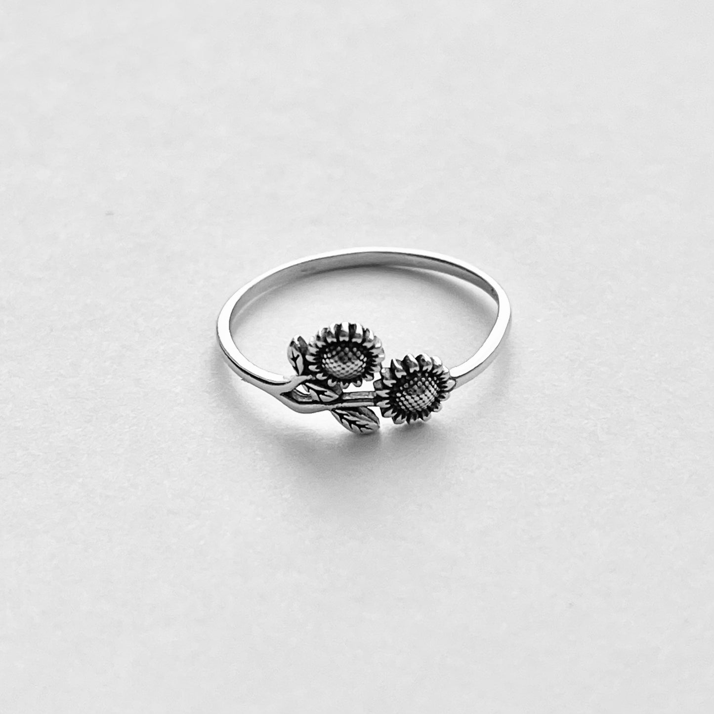 Sterling Silver Delicate Two Small Sunflower Ring with Leaves, Flower Silver Rings