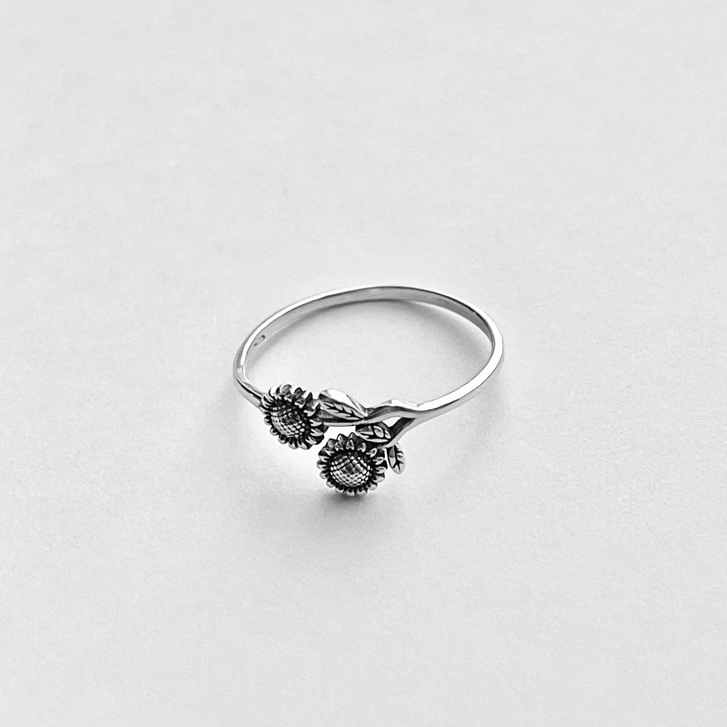 Sterling Silver Delicate Two Small Sunflower Ring with Leaves, Flower Silver Rings