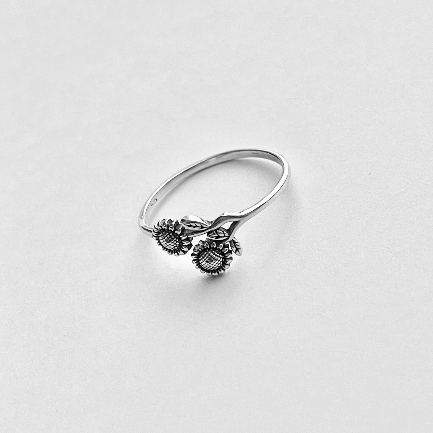 Sterling Silver Delicate Two Small Sunflower Ring with Leaves, Flower Silver Rings