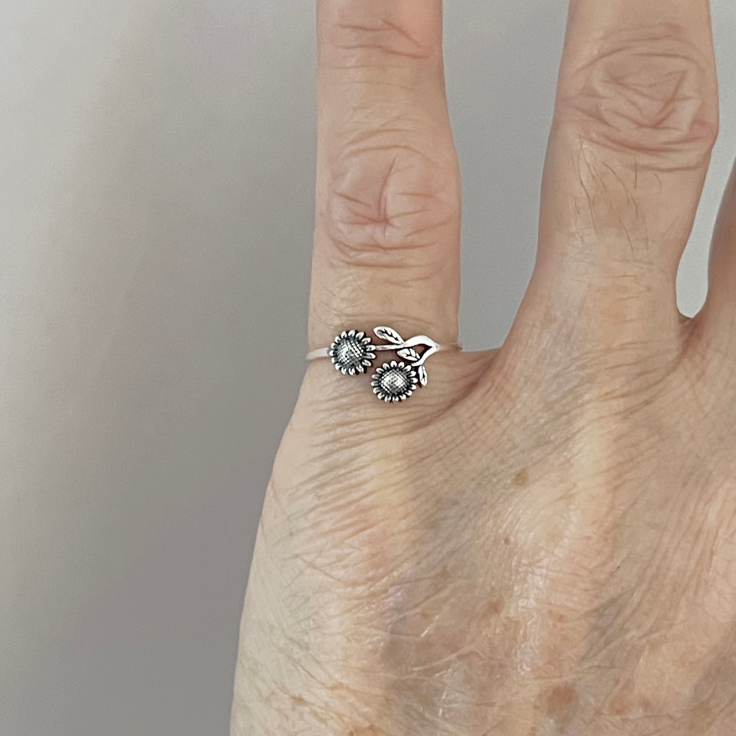 Sterling Silver Delicate Two Small Sunflower Ring with Leaves, Flower Silver Rings