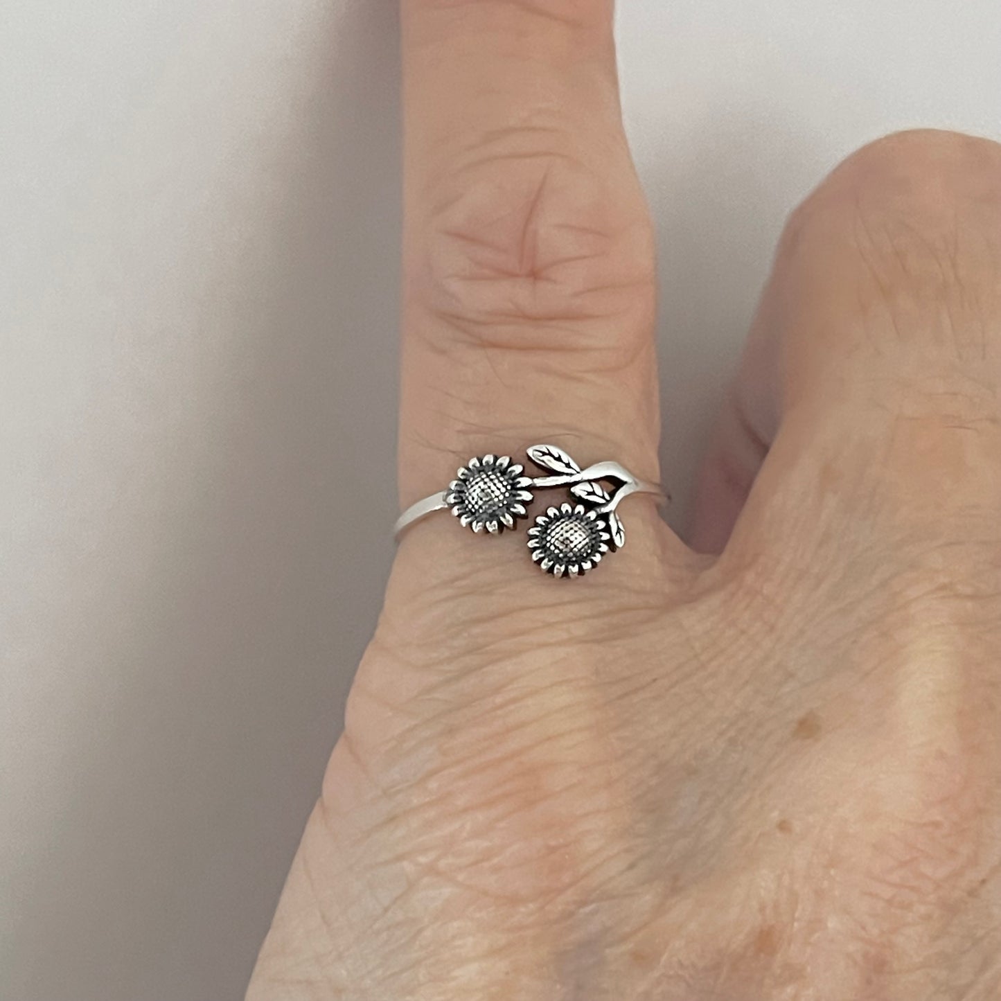 Sterling Silver Delicate Two Small Sunflower Ring with Leaves, Flower Silver Rings