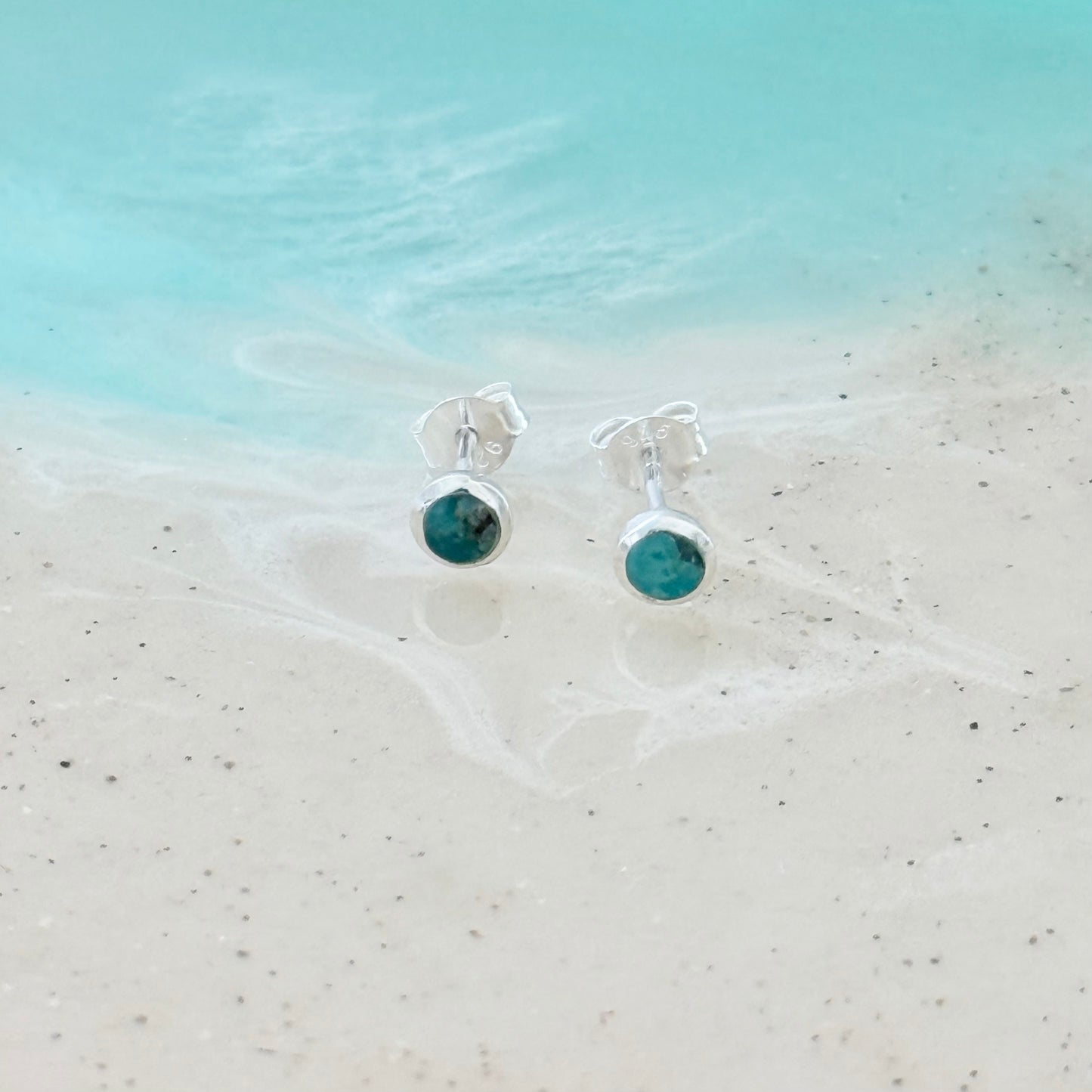 925 Sterling Silver Small Round Genuine Turquoise Stud Earrings | Stone & Dainty Jewelry