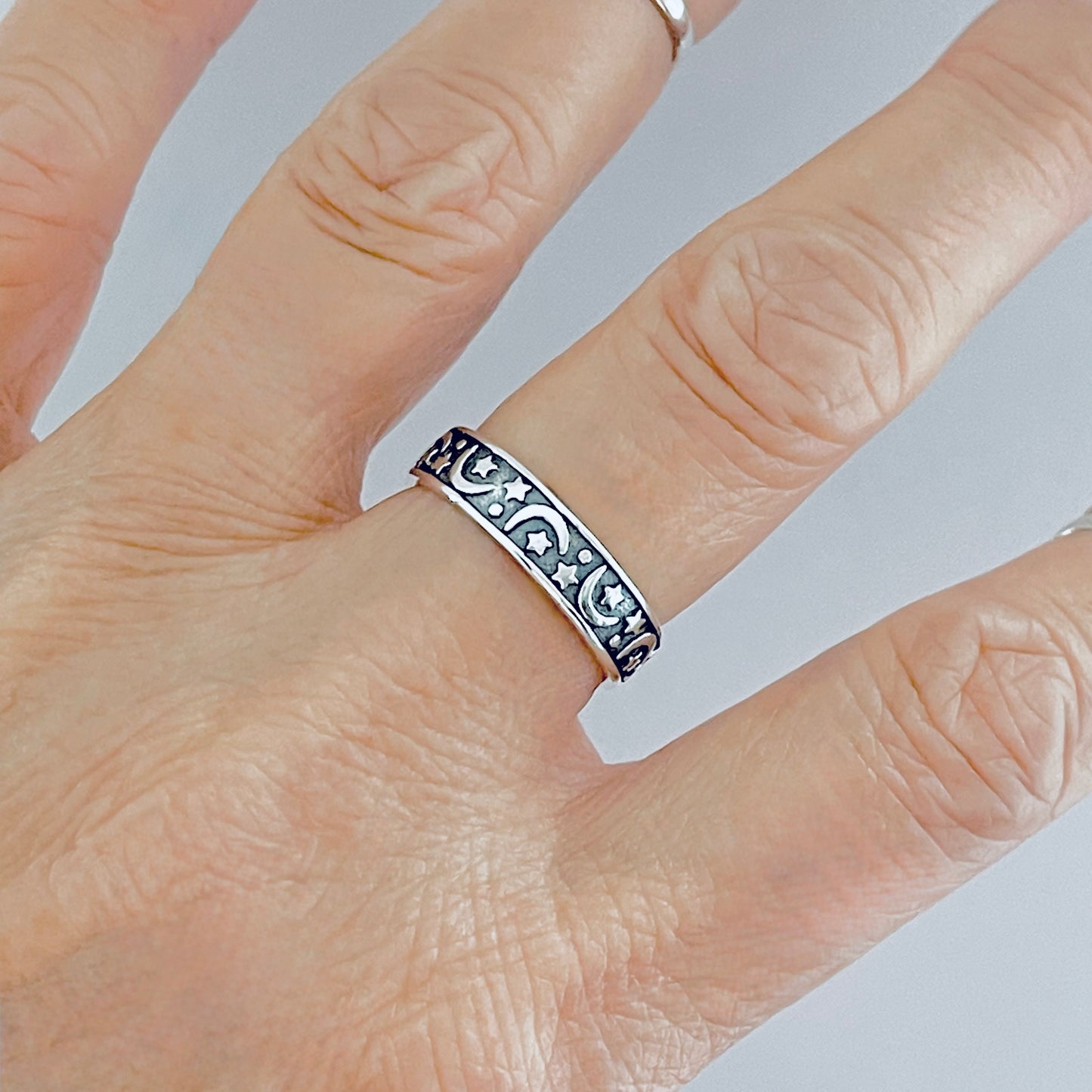 Sterling Silver Eternity Moon and Star Band, Unisex Wedding Ring, Celestial Jewelry