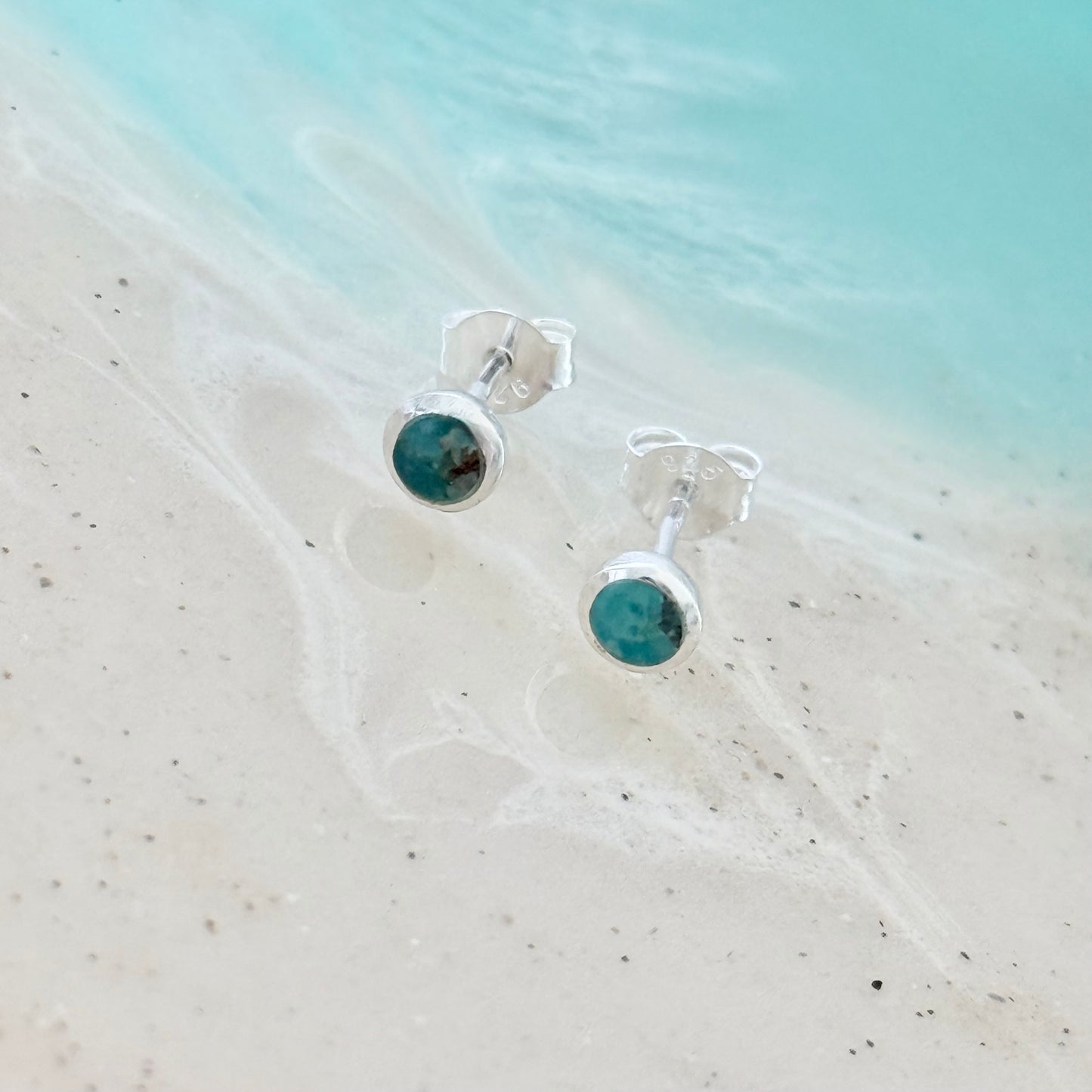 925 Sterling Silver Small Round Genuine Turquoise Stud Earrings | Stone & Dainty Jewelry