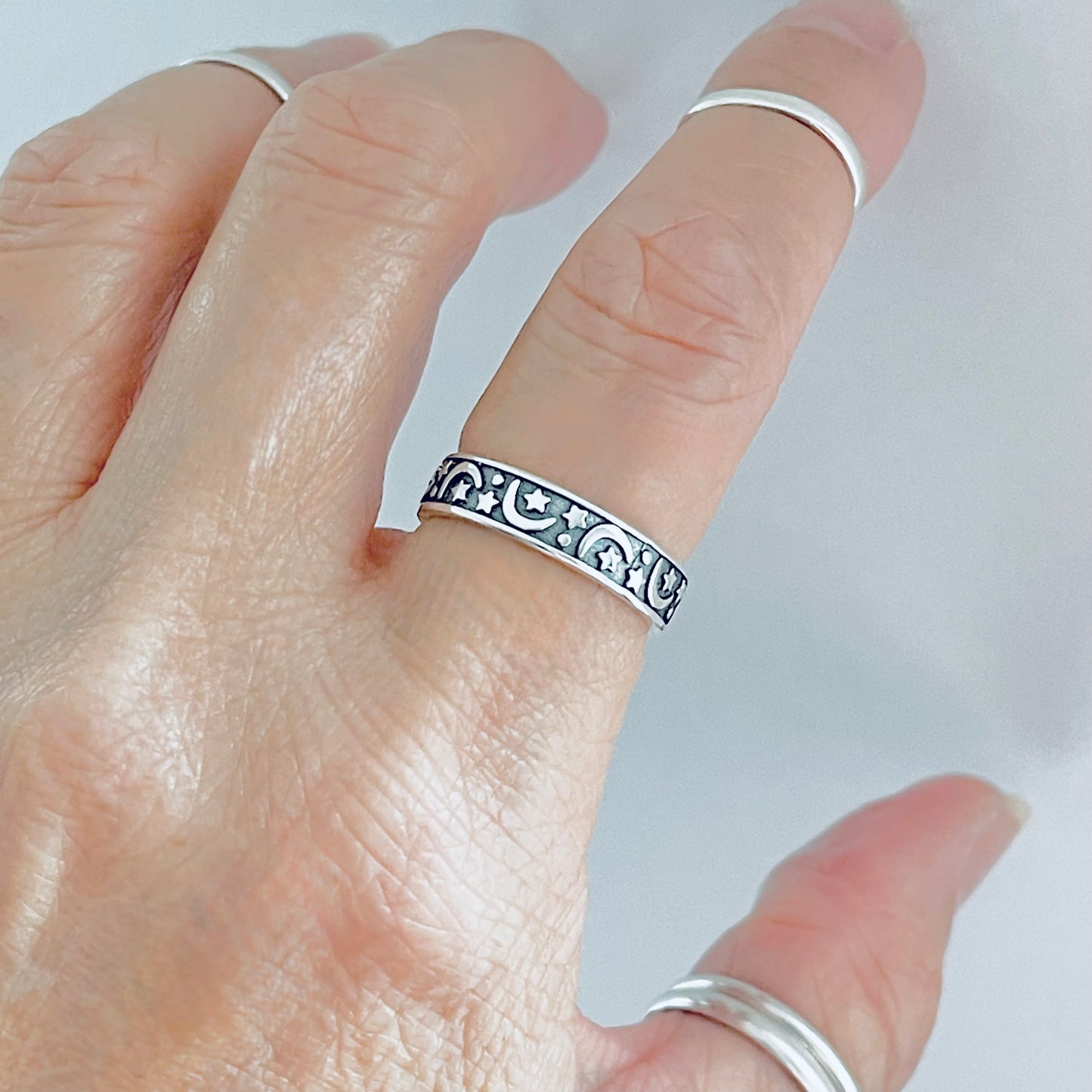 Sterling Silver Eternity Moon and Star Band, Unisex Wedding Ring, Celestial Jewelry