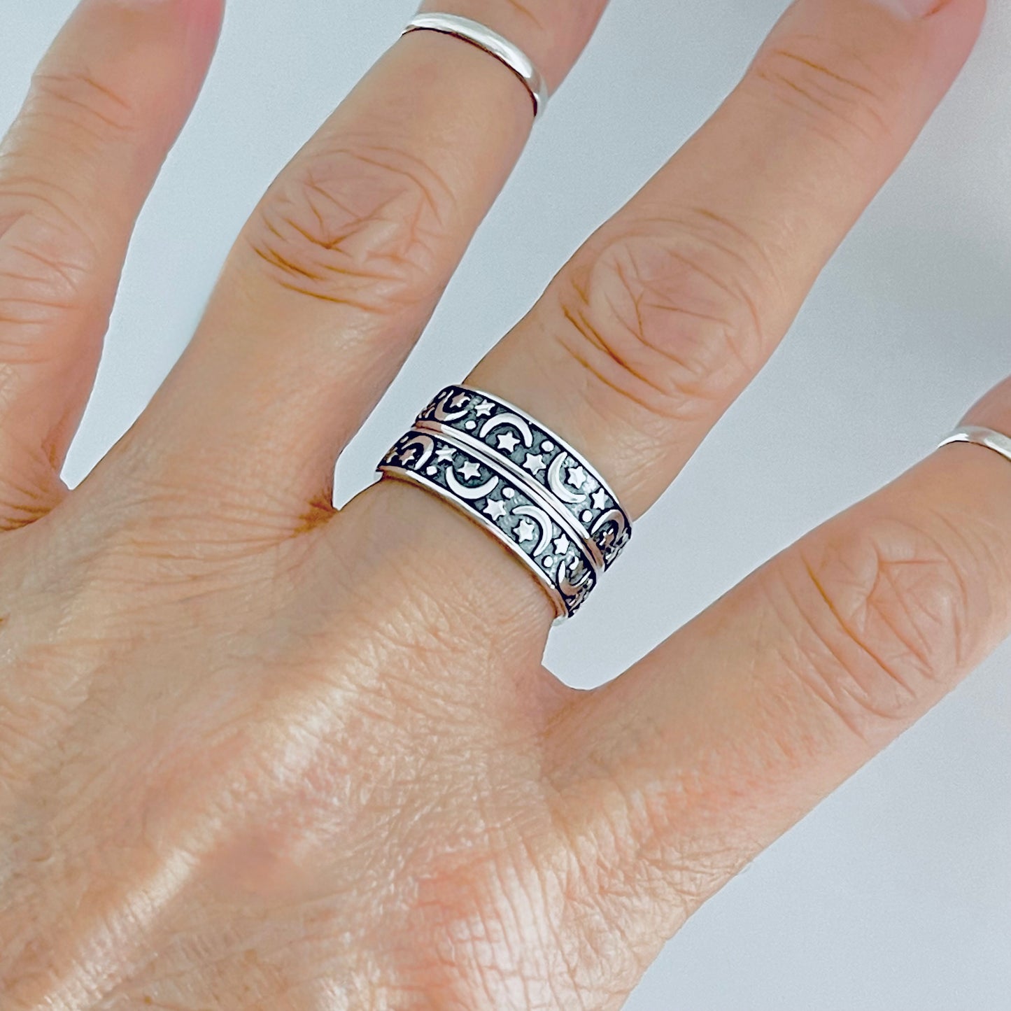Sterling Silver Eternity Moon and Star Band, Unisex Wedding Ring, Celestial Jewelry