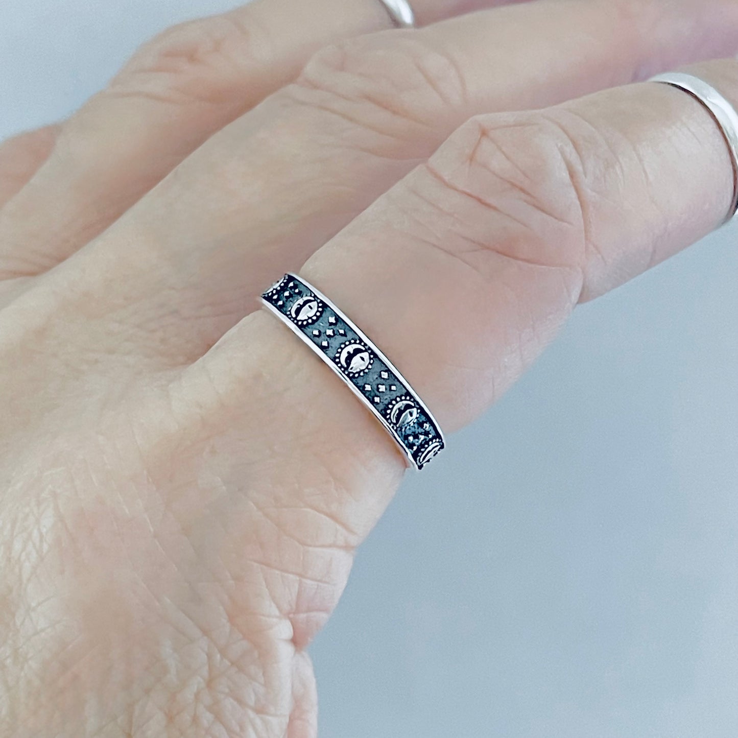 925 Sterling Silver Eternity Moon and Star Celestial Band | Unisex Stackable Wedding Ring