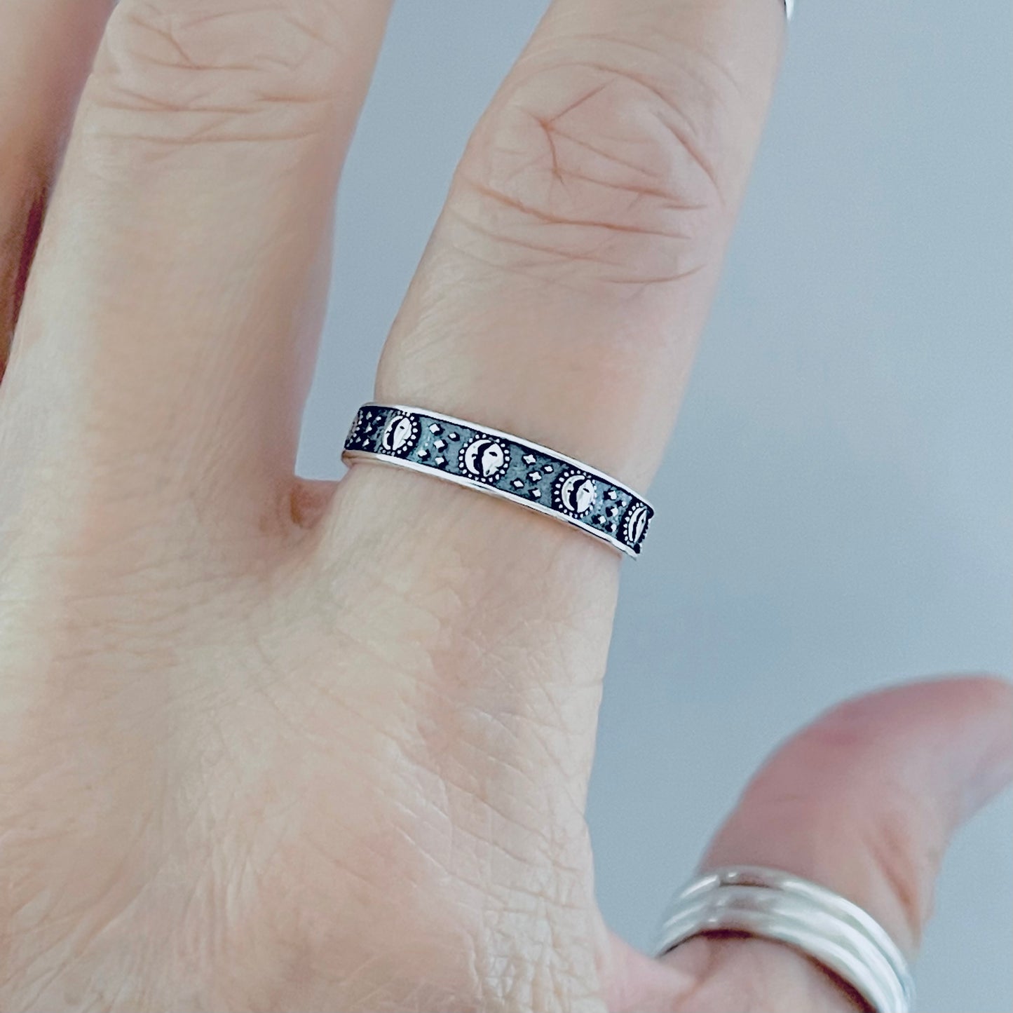 925 Sterling Silver Eternity Moon and Star Celestial Band | Unisex Stackable Wedding Ring